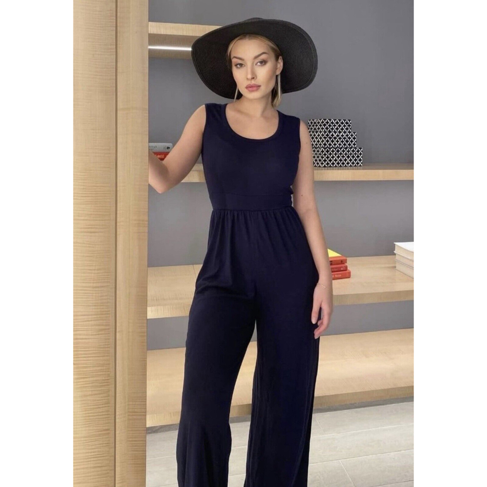 Pretty Garden Sz.L Scoop Neck Jumpsuit Wide Leg Navy Blue Casual Chic Relaxed